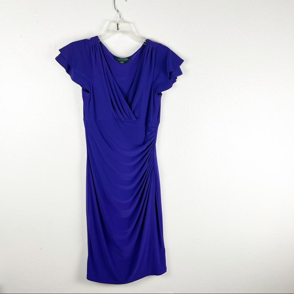 LAUREN RALPH LAUREN Purple Ruched Faux Wrap Flutter Sleeves Lined Slinky Dress 6
